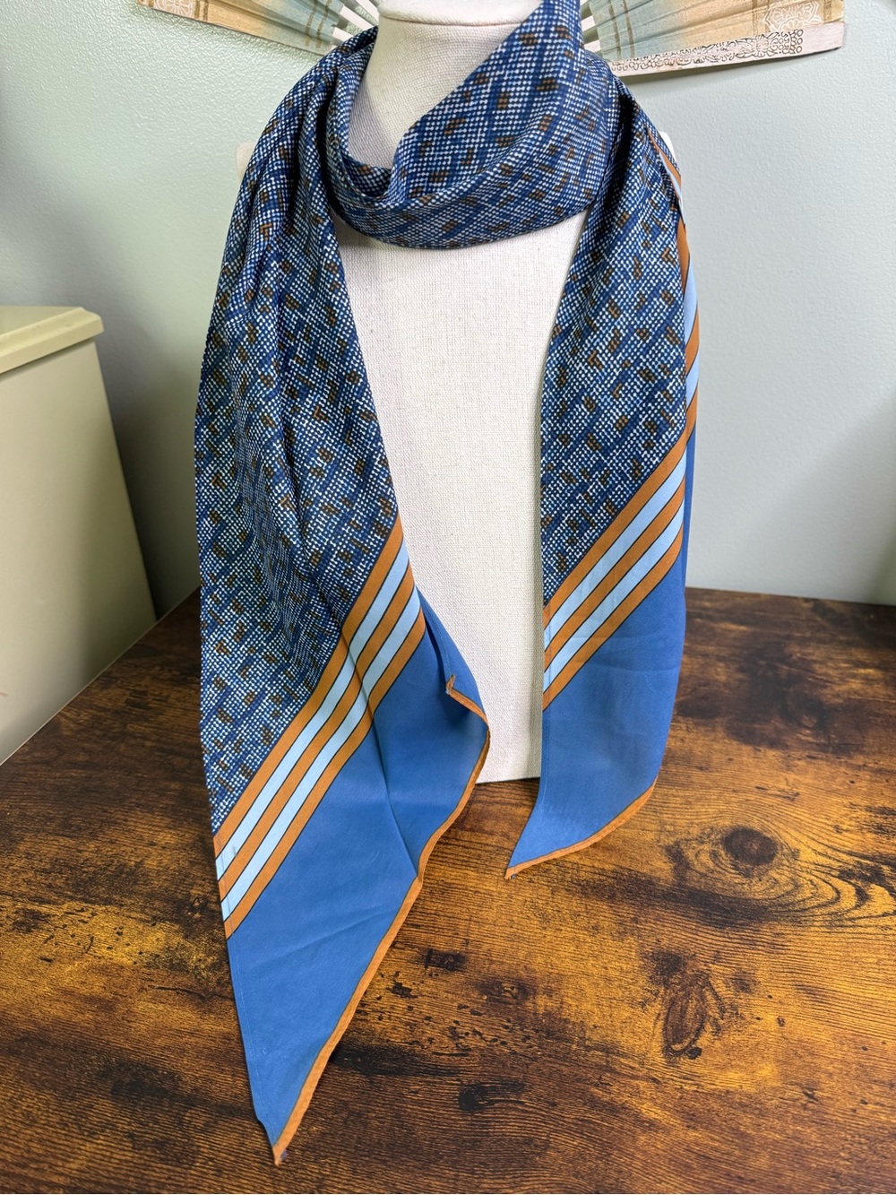 Vintage Blue Geometric Scarf with Tan Trim